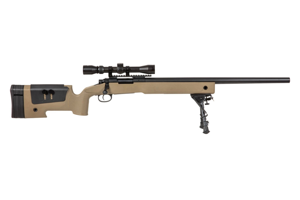Specna Arms SA-S02 CORE™ jousiviritteinen tarkkuuskivääri kiikaritähtäimellä ja etujaloilla - tan