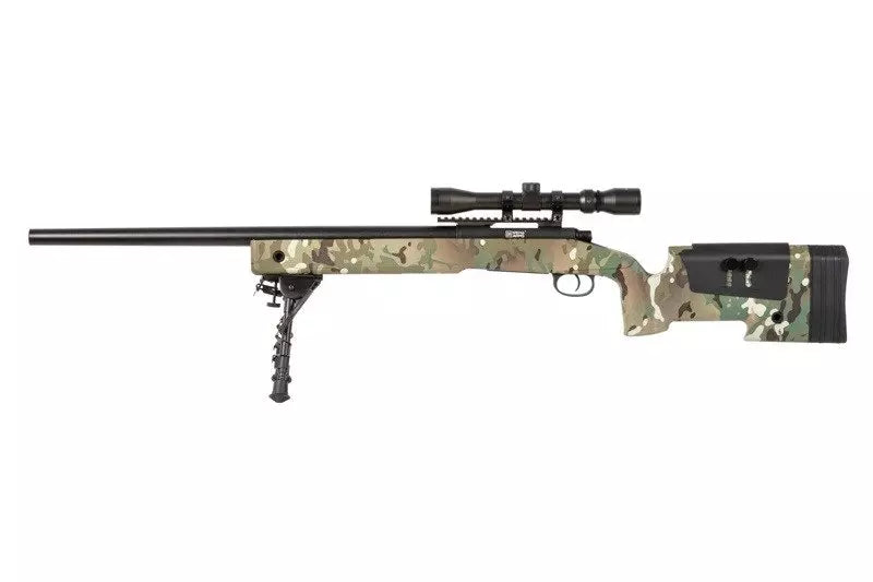 Specna Arms SA-S02 CORE™ korkean lähtönopeuden tarkkuuskivääri optisella tähtäimellä ja etujaloilla - MultiCam