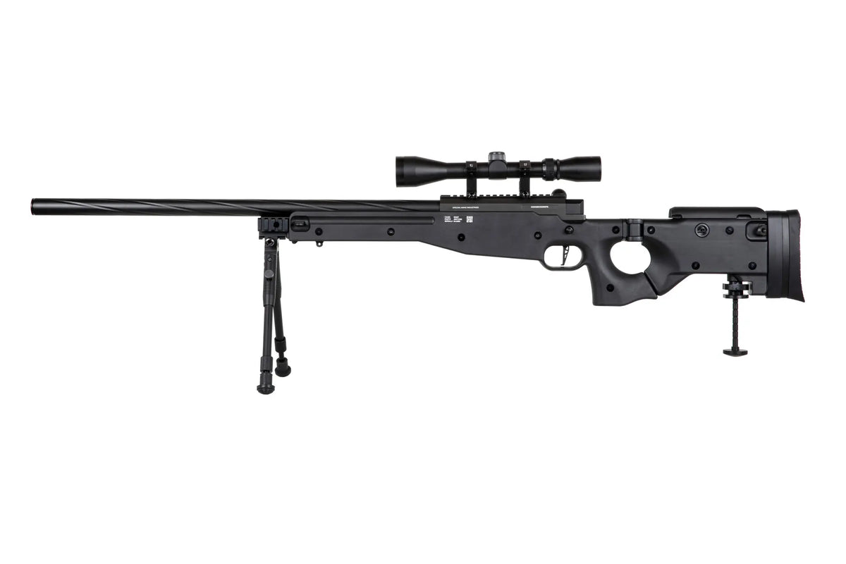 Specna Arms SA-S14 airsoft-tarkkuuskivääri kiikaritähtäimellä ja etujaloilla - musta