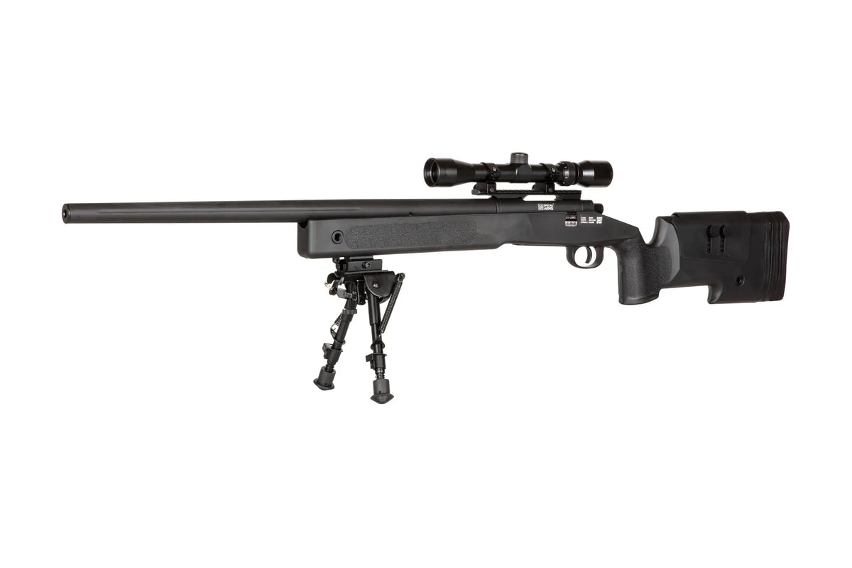 Specna Arms SA-S02 CORE™ High Velocity jousiviritteinen tarkkuuskivääri kiikaritähtäimellä ja etujaloilla - musta